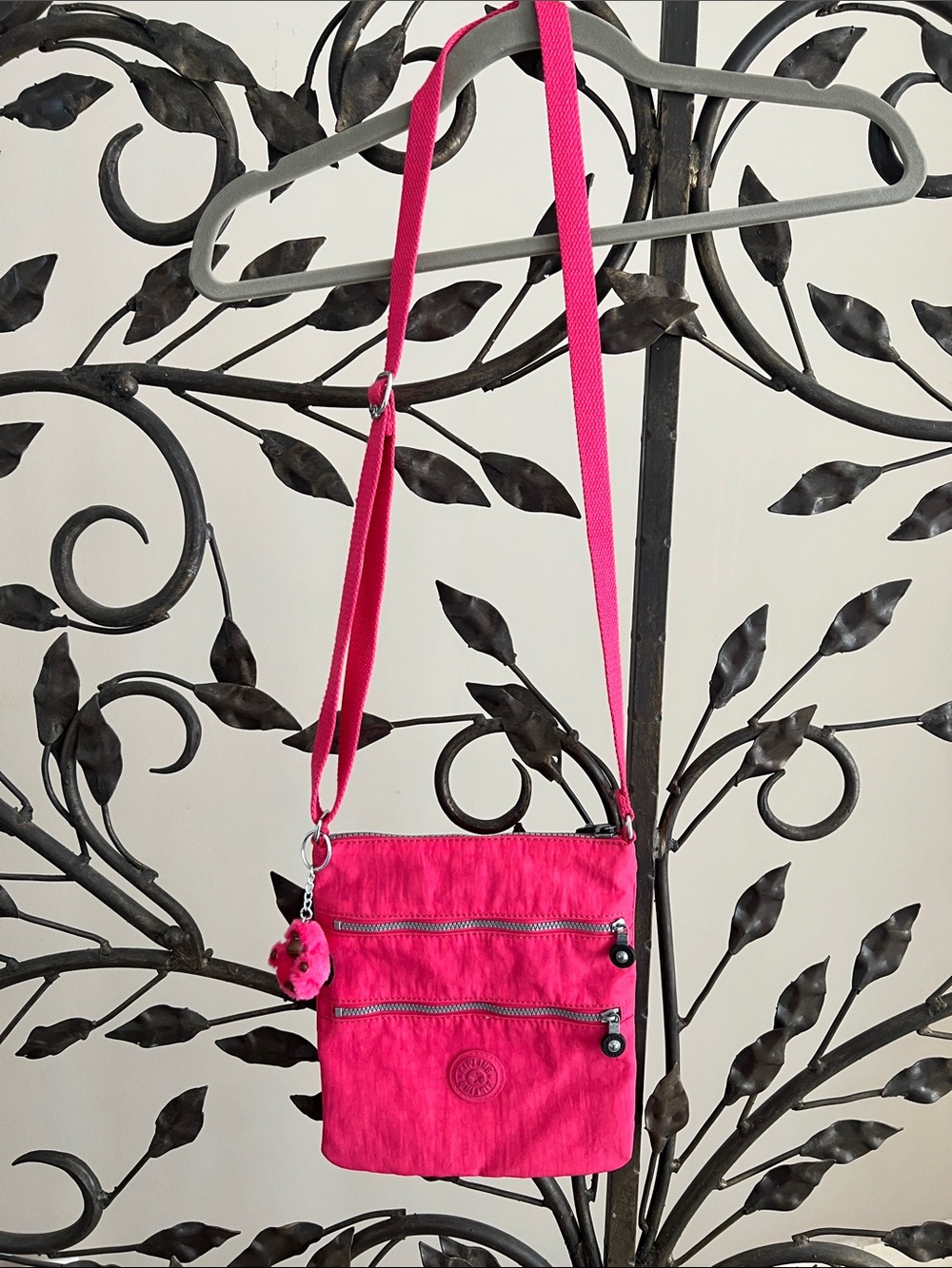 Kipling Hot Pink Crossbody Bag with Pom-Pom Charm
